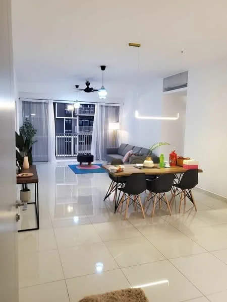 Living features: grey fabric sofa, coffee table, area rug, floor-to-ceiling windows, sheer curtains, pendant lights, recessed LED downlights, white painted walls, polished tile flooring, dining table with black chairs, decorative plants, wall-mounted air conditioning unit; style: modern; view: city.