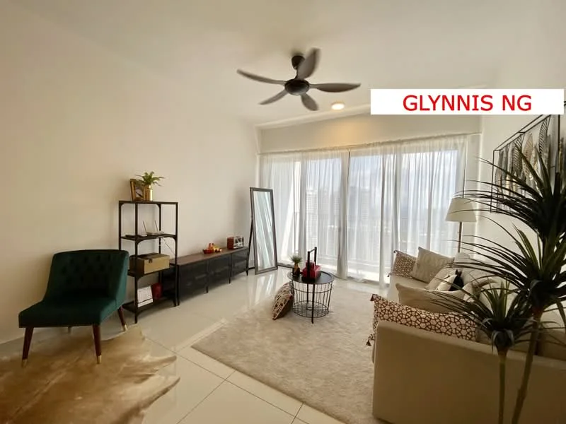 Living features: 5-blade ceiling fan with light, floor-to-ceiling windows, sheer curtains, white painted walls, light-colored sofa, decorative throw pillows, coffee table, area rug, green accent chair, black metal shelving unit, decorative mirror, houseplant in pot; style: modern; view: city.
