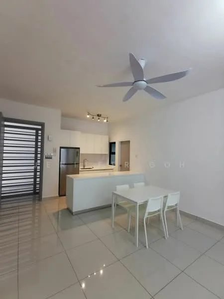 Dining features: white dining table, 4 white dining chairs, ceiling fan with light, recessed downlights, white cabinets, stainless-steel fridge, white countertop, glossy tile flooring, white painted walls; style: modern. Kitchen features: white cabinetry, stainless-steel fridge, white countertop, recessed downlights; style: modern.