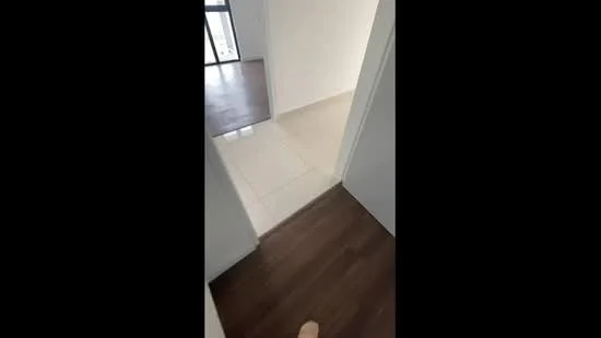 Room features: laminate flooring, tile flooring, white painted walls, doorway leading to another room, natural light from windows.