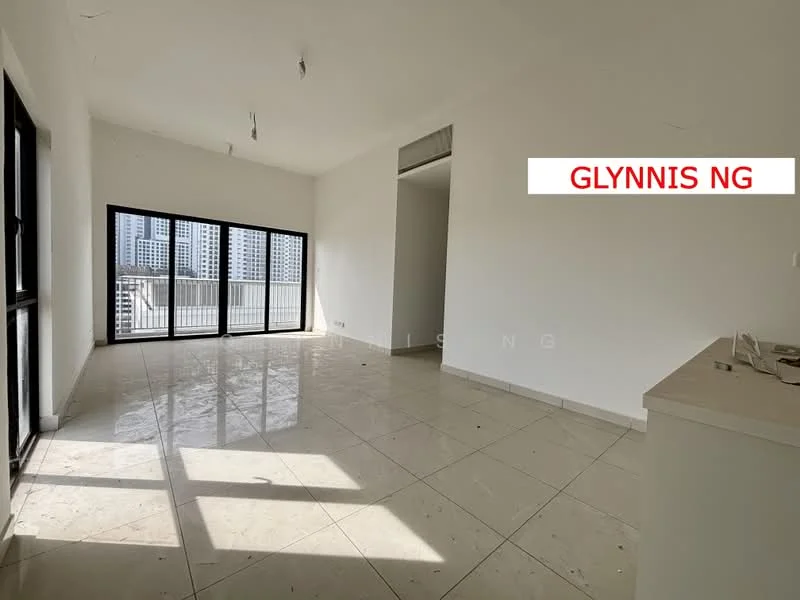 Room features: white painted walls, tile flooring, large floor-to-ceiling windows, natural light, open layout, no visible furniture, neutral color scheme, high ceiling; style: modern; view: city.