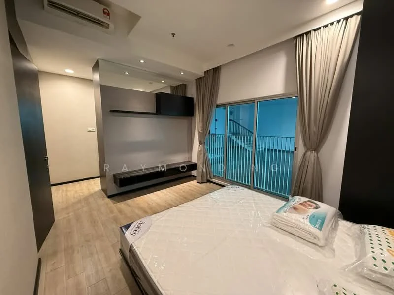 Bedroom features: queen-size bed, upholstered headboard, wooden flooring, floor-to-ceiling windows, sheer curtains, built-in wardrobe, TV console, wall-mounted shelf, recessed downlights, air conditioning unit; style: modern.