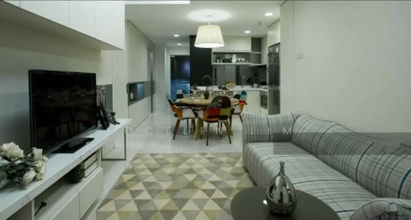 Living features: plaid fabric sofa, coffee table, wall-mounted TV, entertainment unit, area rug with geometric pattern, pendant lamp, dining table with colorful chairs, open shelving, white painted walls, recessed downlights, floor-to-ceiling windows; style: modern.