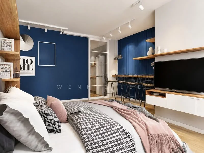 Bedroom features: queen-size bed with patterned bedding, blue accent wall, wooden shelving unit, built-in wardrobe with glass doors, TV console with wall-mounted TV, bar stools at a counter, track lighting, wooden flooring, decorative wall art, throw pillows in various patterns, open shelving with storage baskets; style: modern.
