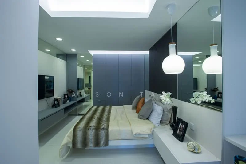 Bedroom features: queen-size bed with beige bedding, upholstered headboard, decorative throw pillows, two bedside lamps with white shades, wall-mounted TV, floating bedside table, built-in wardrobe with sliding doors, mirrored wall, recessed ceiling lights, grey accent wall, white painted walls, tile flooring; style: modern.