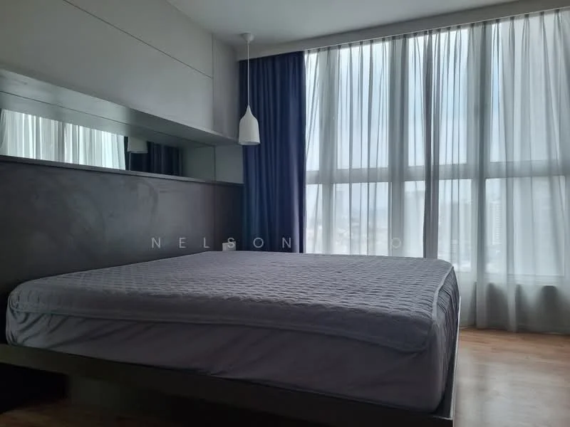 Bedroom features: queen-size bed, upholstered headboard, floor-to-ceiling windows, sheer curtains, dark blue curtains, wooden flooring, wall-mounted mirror, pendant light; style: modern; view: city.
