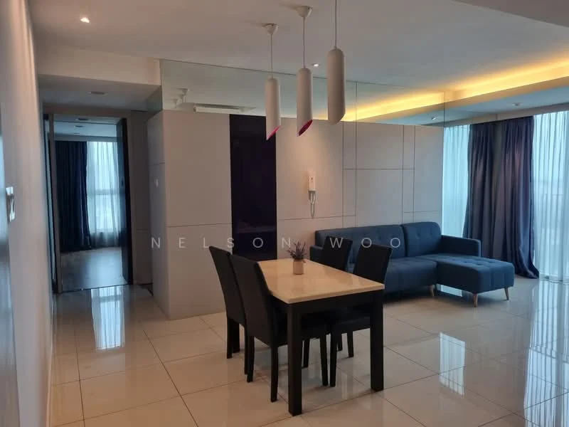 Living features: grey fabric sofa, 4-seater dining table, black dining chairs, white marble dining tabletop, tile flooring, floor-to-ceiling windows, sheer curtains, recessed downlights, pendant lighting, decorative plant on table, neutral wall colour, open layout; style: modern; view: city.