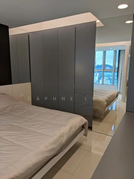 Bedroom features: queen-size bed, grey upholstered headboard, built-in wardrobe with sliding doors, mirrored wardrobe doors, white bedding, white tiled flooring, floor-to-ceiling windows, sheer curtains, recessed ceiling lights; style: modern; view: city.