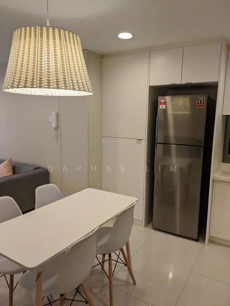 Dining features: white dining table, 4 white dining chairs, stainless-steel fridge, built-in cabinetry, recessed ceiling lights, pendant lamp with striped shade, grey sofa in background, white tiled flooring; style: modern.