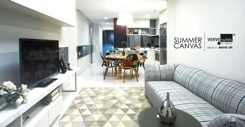 Living features: plaid fabric sofa in grey and white, coffee table, wall-mounted TV, TV console, area rug with geometric pattern, dining table with chairs, open kitchen layout, recessed downlights, white painted walls, grey accent wall, floor-to-ceiling windows, decorative vase on table; style: modern.