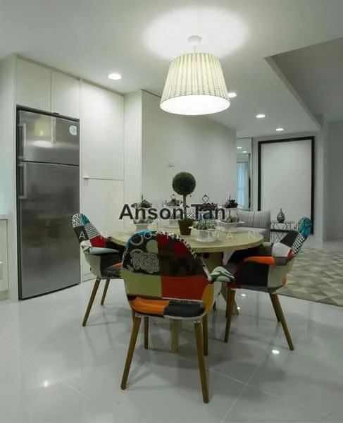 Dining features: round dining table, 4 upholstered dining chairs with colorful fabric, stainless-steel fridge, white cabinetry, grey tiled flooring, pendant light fixture, decorative plants on table, wall-mounted decor, open layout to living area; style: modern.