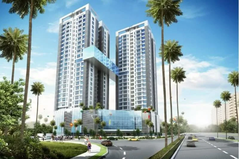 Exterior type: high-rise condominium; features: glass curtain wall, projecting balconies, palm trees in landscaping, manicured lawn, outdoor seating area, multi-storey structure, modern architectural design, surrounded by greenery; style: modern.