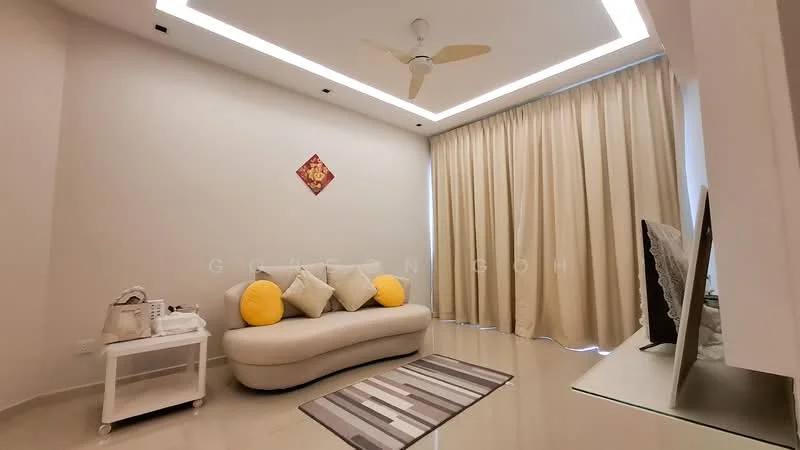 Living features: sofa in cream upholstery, yellow accent cushions, area rug with striped pattern, ceiling fan, recessed LED downlights, floor-to-ceiling curtains in beige, white painted walls, light-colored tiled flooring, decorative wall art, TV console, wall-mounted TV; style: modern.