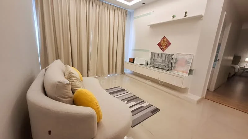 Living features: light grey fabric sofa with yellow cushions, area rug with striped pattern, white painted walls, recessed ceiling with LED lighting, floating shelf, decorative artwork on wall, large floor-to-ceiling curtains, polished tile flooring; style: modern.