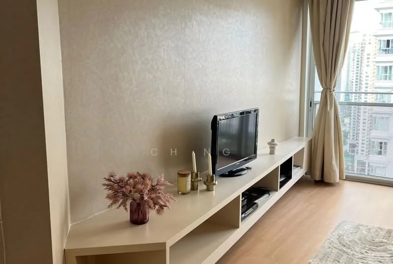 Living features: light wood flooring, cream wallpaper, built-in TV console, flat-panel white cabinetry, decorative vase with flowers, candles, wall-mounted TV, floor-to-ceiling windows, sheer curtains; style: modern; view: city.