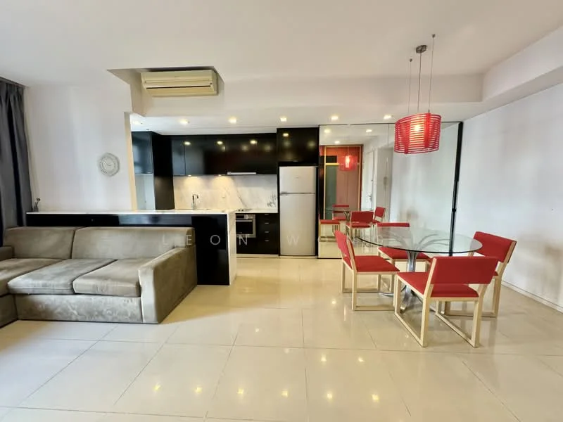Living features: grey fabric L-shape sectional sofa, glass dining table, 4 red upholstered dining chairs, black cabinetry, marble backsplash, stainless-steel fridge, built-in oven, recessed downlights, cream tiled flooring, floor-to-ceiling windows, air conditioning unit; style: modern.