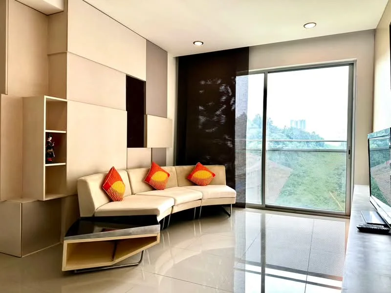 Living features: curved sectional sofa in cream, orange accent pillows, glass coffee table, wall-mounted TV, floor-to-ceiling windows, grey accent wall, light-colored wall panels, polished tile flooring, recessed downlights; style: modern; view: city.