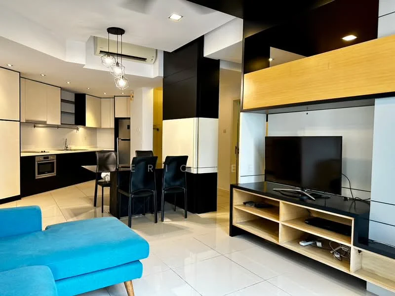 Living features: blue fabric sofa, coffee table, TV console with storage, wall-mounted TV, recessed downlights, white walls, black accent wall, open-plan layout, ceramic tile flooring, dining area with black dining chairs, kitchen with built-in appliances, air conditioning unit; style: modern.