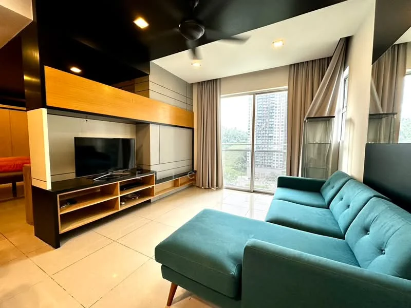 Living features: 3-seater fabric sofa in teal, coffee table, TV console with storage, wall-mounted TV, floor-to-ceiling windows, curtains, ceiling fan, recessed lighting, polished tile flooring, black accent wall, wood paneling, open layout to adjacent room; style: modern; view: city.