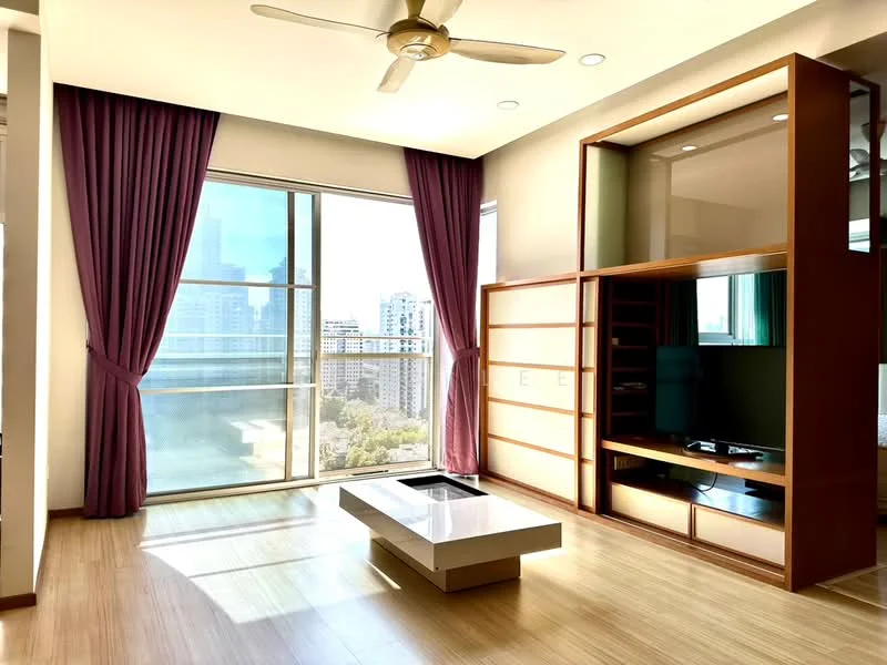 Living features: floor-to-ceiling windows, purple curtains, wooden flooring, ceiling fan, built-in entertainment unit, TV console, coffee table with glossy surface, natural light from windows, city view, wall-mounted shelving; style: modern; view: city.
