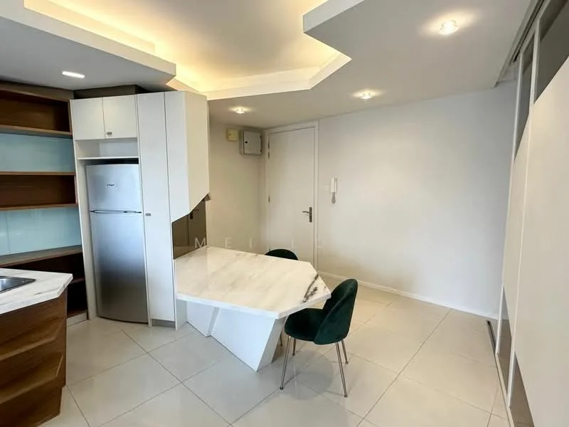 Kitchen features: white marble countertop, stainless-steel fridge, wood cabinetry, open shelving, recessed downlights, white tiled flooring, modern dining table, green upholstered dining chairs, built-in oven, single-bowl stainless-steel sink, chrome pull-down faucet, flat-panel cabinetry; style: modern.