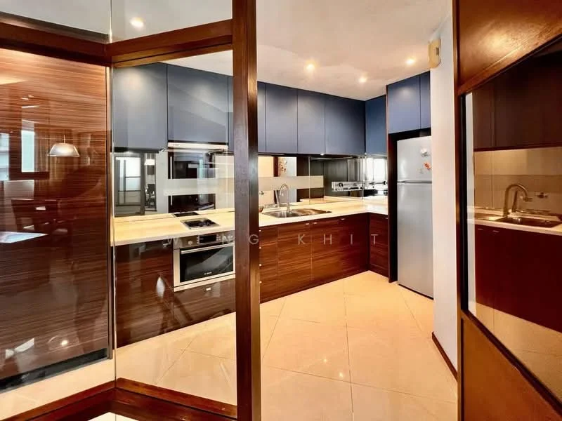 Kitchen features: blue upper cabinets, brown lower cabinets, white countertop, stainless-steel sink, chrome pull-down faucet, built-in oven, 4-burner gas hob, stainless-steel range hood, refrigerator, ceramic tile flooring, recessed downlights, pendant lamp, open shelving; style: modern.
