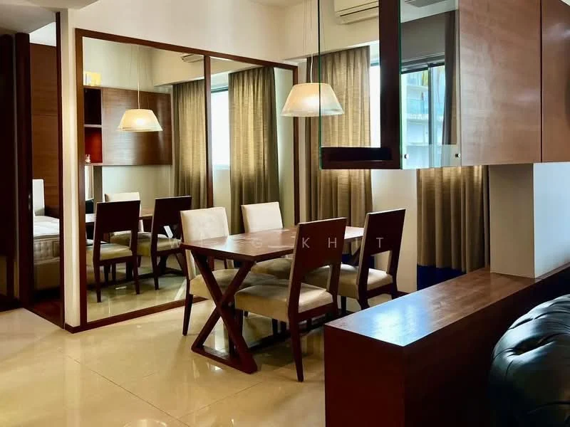 Dining features: wooden dining table, 4 upholstered dining chairs, mirrored wall, hanging pendant light, cream curtains, tile flooring, wooden sideboard, window with city view; style: modern; view: city. Room features: wooden cabinetry, floor-to-ceiling windows, air conditioning unit.