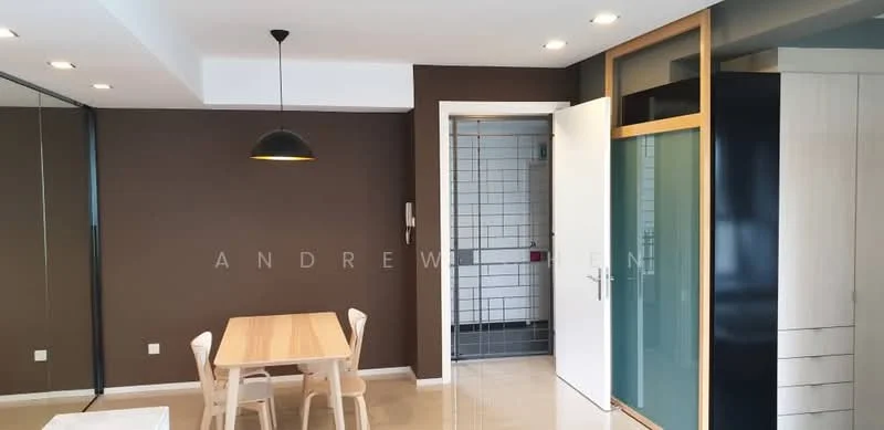 Dining features: wood dining table, 4 wooden chairs, brown painted walls, recessed ceiling lights, pendant light fixture, glossy tile flooring, mirror wall, white cabinetry, glass door, open layout; style: modern. Room features: white door, tiled wall, unknown flooring.