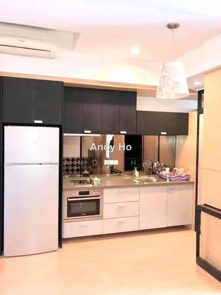 Kitchen features: stainless-steel fridge, built-in oven, 4-burner gas hob, stainless-steel range hood, grey laminate countertop, black upper cabinets, cream lower cabinets, black and white tile backsplash, pendant light fixture, single-bowl stainless-steel sink, chrome pull-down faucet, open shelving, drawer storage, wall-mounted split AC; style: modern.