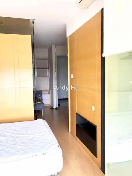 Room features: wooden flooring, built-in wardrobe with sliding doors, wall-mounted air conditioning unit, neutral wall colour, large window, bed frame without mattress, open shelving unit, doorway leading to another room; style: modern.