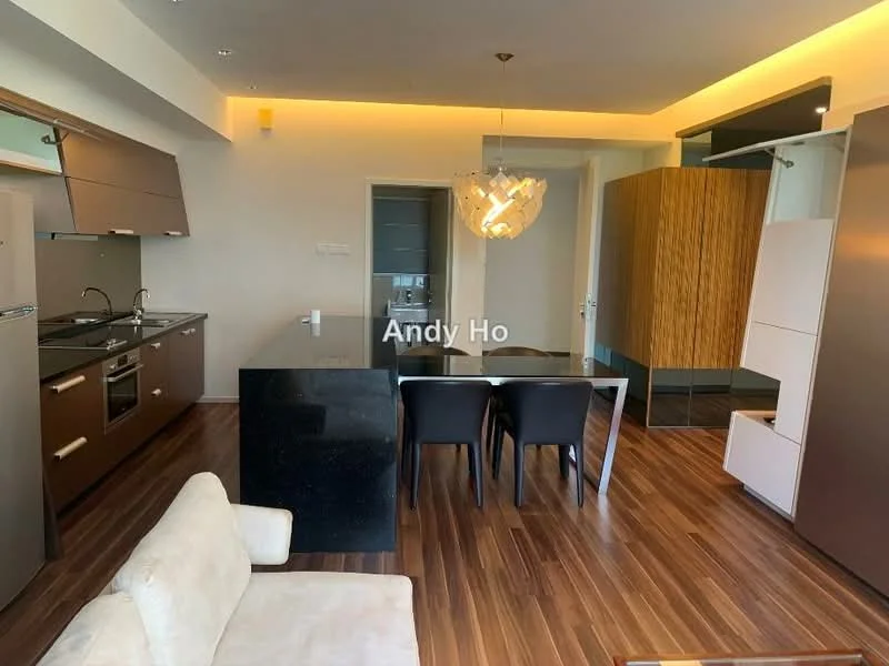 Kitchen features: stainless-steel fridge, built-in oven, freestanding range oven, black granite countertop, dark wood cabinetry, single-bowl stainless-steel sink, chrome pull-down faucet, ceramic tile backsplash; style: modern. Dining features: 6-seater dining table, black dining chairs, pendant lamp, wooden sideboard; style: modern. Living features: 3-seater fabric sofa in cream, coffee table, wooden flooring, recessed downlights, floor-to-ceiling windows; style: modern.