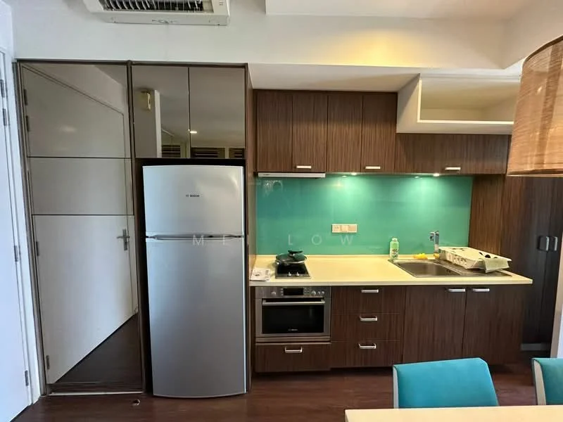 Kitchen features: stainless-steel fridge, built-in oven, 4-burner gas hob, single-bowl stainless-steel sink, chrome pull-down faucet, white countertop, green glass backsplash, dark wood cabinetry, drawer storage, open shelving, recessed downlights, wall-mounted split AC; style: modern.