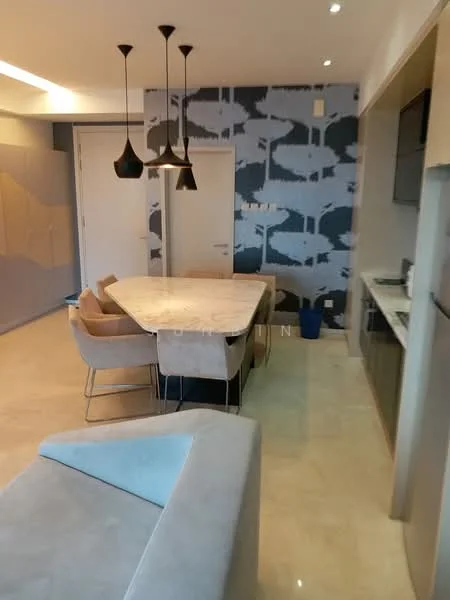Dining features: dining table with unique shape, upholstered dining chairs, black pendant lights, blue patterned wallpaper, cream marble flooring, built-in cabinetry, recessed lighting, open layout to kitchen; style: modern. Living features: fabric sofa in light grey, coffee table, floor-to-ceiling windows, decorative wall paneling; style: modern.