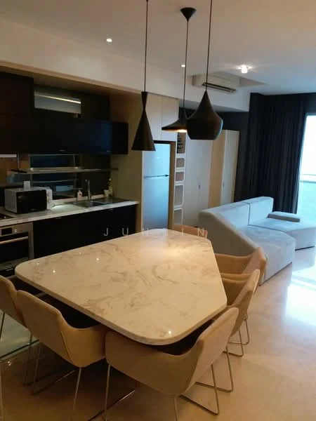 Dining features: marble dining table, 6 upholstered dining chairs, pendant lighting, recessed downlights, open shelving, built-in cabinetry, stainless-steel fridge, microwave, built-in oven, ceramic cooktop, grey sofa, floor-to-ceiling windows, curtains, cream painted walls, polished stone flooring; style: modern.