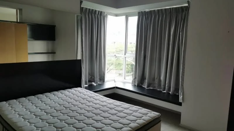 Bedroom features: queen-size bed base, mattress, floor-to-ceiling windows, grey curtains, built-in wardrobe, shelf unit, window seat, light-colored walls, neutral flooring; style: modern; view: garden.