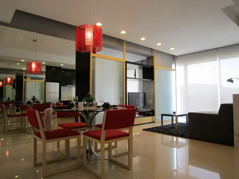 Dining features: round dining table, 4 red upholstered dining chairs, black area rug, pendant light fixture in red, glass display shelving, wall-mounted TV, white walls, glossy tile flooring, large windows with sheer curtains, decorative plant on table; style: modern; view: city. Living features: sofa, coffee table, TV console, wall-mounted TV, black area rug, large windows with sheer curtains; style: modern; view: city.