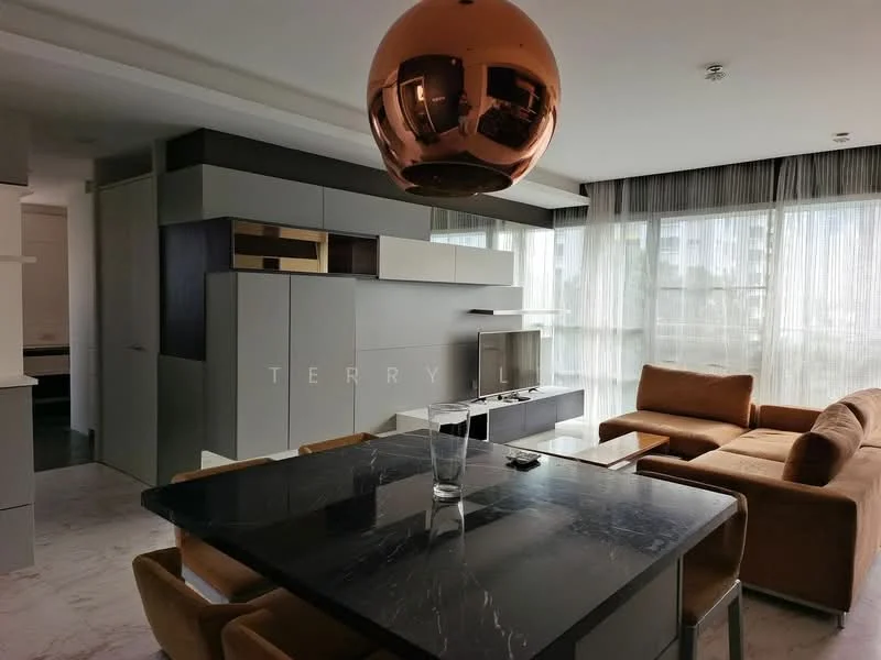 Living features: brown fabric sofa, black marble dining table, 4 upholstered dining chairs, wood cabinetry with grey finish, built-in shelving, large windows with sheer curtains, pendant light fixture with copper finish, marble flooring; style: modern.
