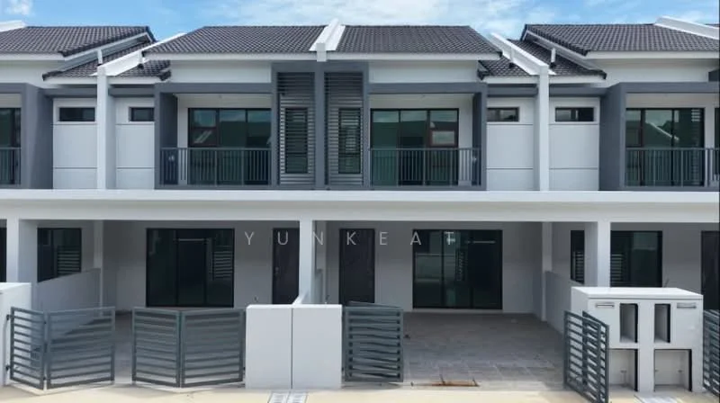 Exterior type: linked terrace house; features: white painted facade, grey accent panels, sliding glass doors, recessed balconies, flat roof, two-storey, manicured front yard, paved walkway, security gate, multiple windows, modern architectural design; style: modern.