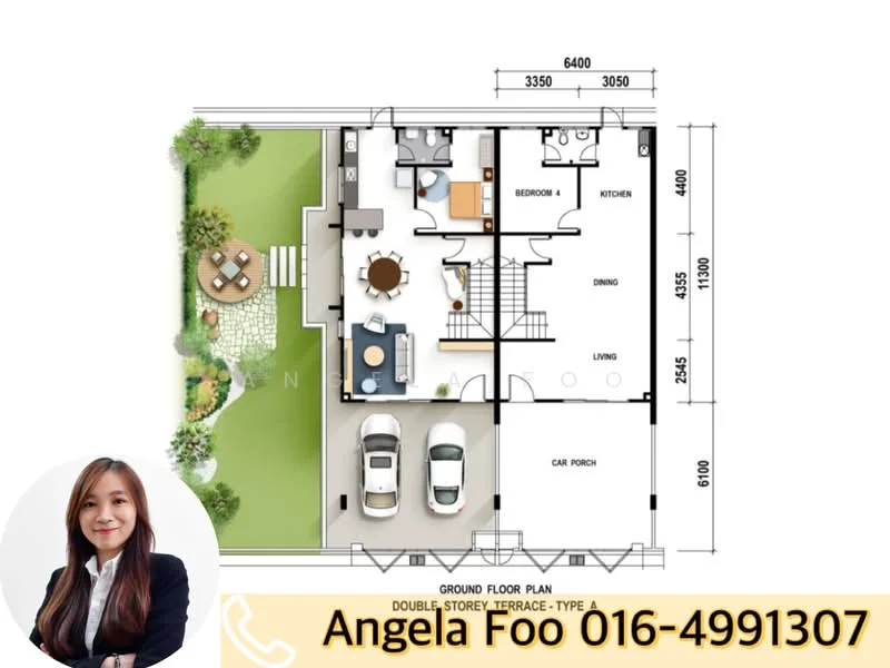 Floor plan: 2-bedroom 2-bathroom unit; features: open-plan kitchen-dining-living, master bedroom with ensuite bathroom, utility room, car porch, balcony off living room, dining area adjacent to kitchen, two-car parking, garden area, central foyer, straight corridor.