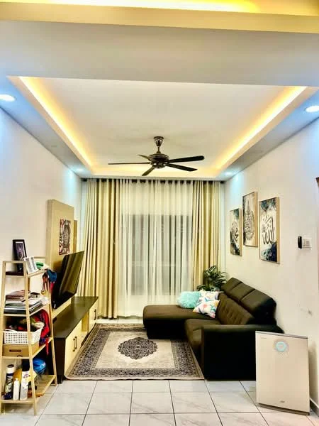 Living features: 3-seater fabric sofa in dark grey, coffee table, wall-mounted TV, TV console, area rug with geometric pattern, 5-blade ceiling fan with light, recessed LED downlights, floor-to-ceiling windows with sheer curtains, decorative wall art, potted plant, white painted walls, tile flooring; style: modern.
