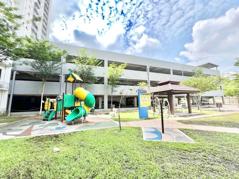 Exterior type: parking deck; features: multi-storey car park, children's playground with slides and climbing structures, manicured lawn, paved walkway, shade structure with seating, surrounding greenery; style: modern.