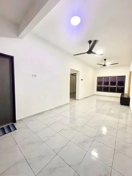 Living features: white painted walls, glossy marble tile flooring, 2 ceiling fans, recessed downlights, large windows with horizontal slats, neutral color scheme, open layout, corner for furniture placement; style: modern. Room features: doorway leading to another room, light switch.