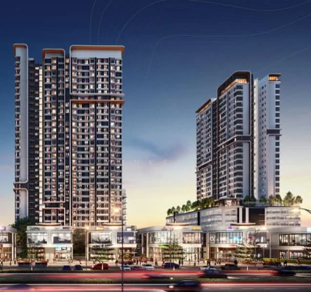 Exterior type: high-rise condominium; features: glass curtain wall, white painted facade, recessed balconies, multiple storeys, commercial spaces at ground level, landscaped rooftop garden, street view with traffic, urban setting, night lighting, modern architectural design; style: modern.