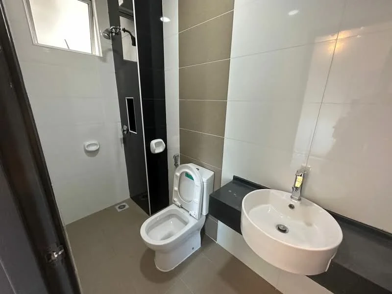 Bathroom features: walk-in shower with glass enclosure, rain shower head, handheld shower, toilet, single-sink vanity with wall-mounted faucet, mirror, tile cladding on walls, ceramic tile flooring, black countertop, white painted walls, window for natural light; style: modern.