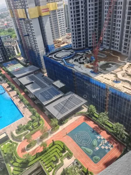 Exterior type: high-rise condominium; features: swimming pool, landscape garden, jogging track, children's playground, outdoor gym, BBQ pit, manicured lawn, solar panels on rooftop, modern architectural design, surrounded by greenery; style: modern.