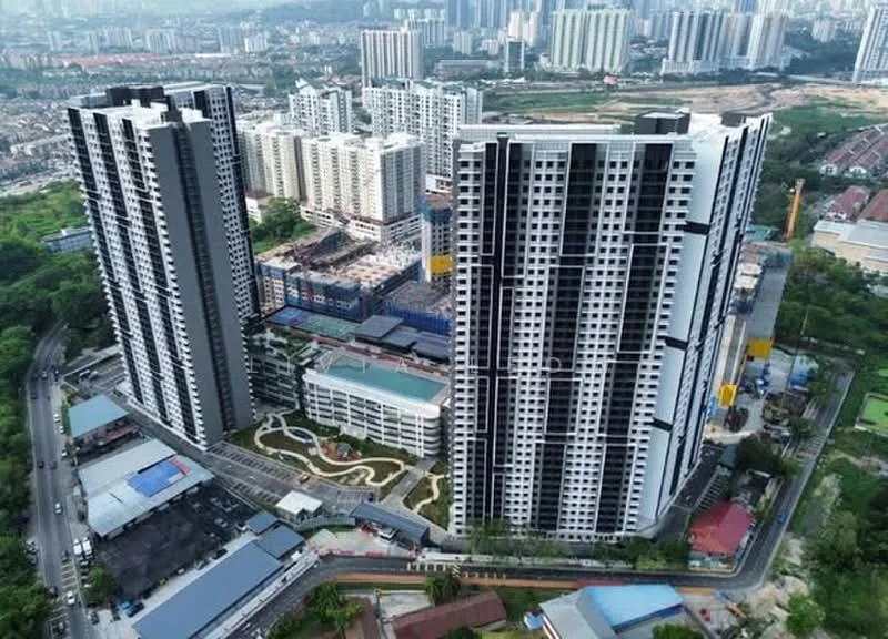 Exterior type: high-rise condominium; features: glass curtain wall, white painted facade, recessed balconies, manicured landscaping, swimming pool deck, children's playground, jogging track, multi-storey car park, surrounded by mature greenery, urban context with skyline view, construction site visible in background; style: modern.