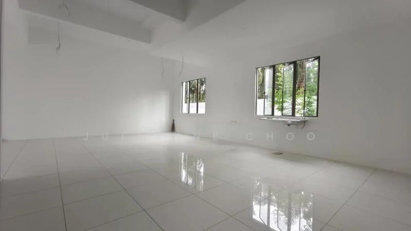 Room features: white painted walls, glossy white tile flooring, floor-to-ceiling windows, natural light from windows, no visible furniture or decor, ceiling with exposed wiring, neutral color scheme; style: minimalist; view: garden.