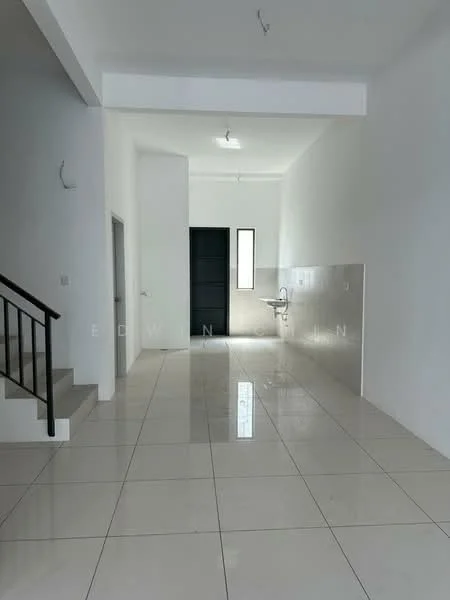 Room features: white painted walls, glossy ceramic tile flooring, single window with no treatment, black door, staircase with black railing, kitchen area with wall-mounted sink, open layout, high ceiling with light fixture; style: modern.