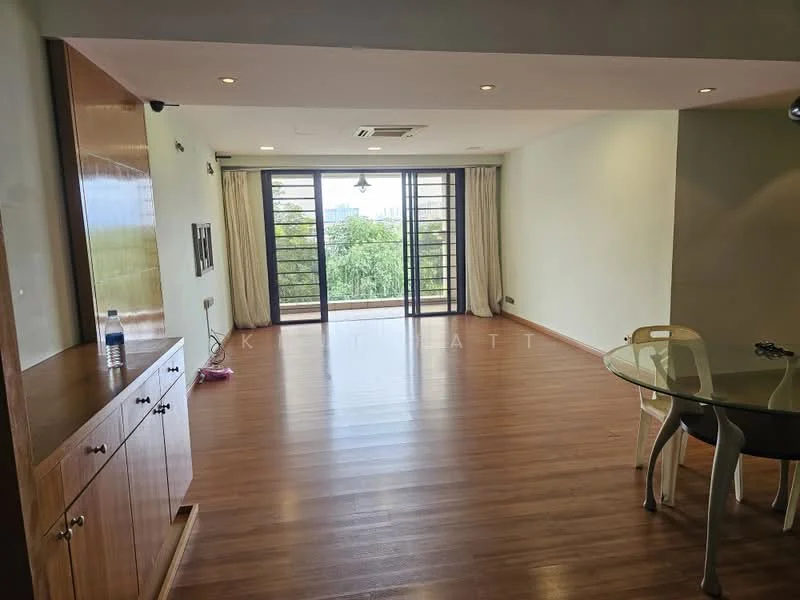 Living features: wooden flooring, white painted walls, large windows with black frames, ceiling lights, air conditioning unit, glass dining table, 4 dining chairs, wooden sideboard, view of greenery; style: modern; view: garden.