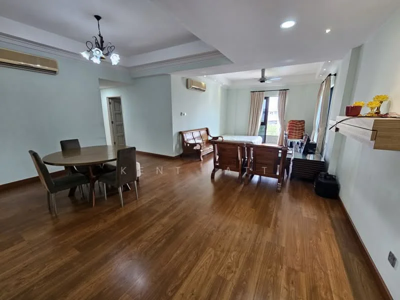 Living features: wooden flooring, cream painted walls, recessed downlights, 5-blade ceiling fan, dining table for 6, upholstered dining chairs, sofa set, large windows with curtains, decorative shelf, air conditioning unit; style: modern; view: city.